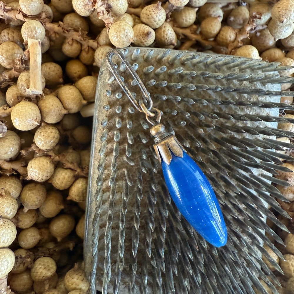 Vintage Aged Gold Tone Blue Glass Pendant Charm